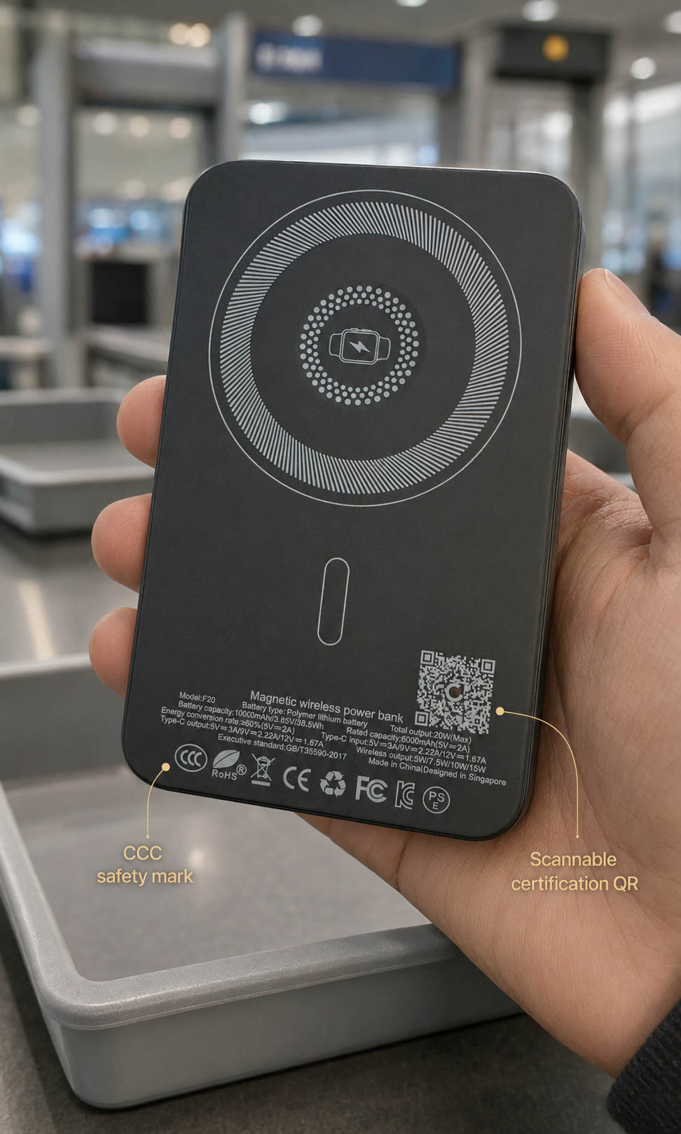 TechyBits Magnetic Powerbank shown from multiple angles with certifications printed on the back