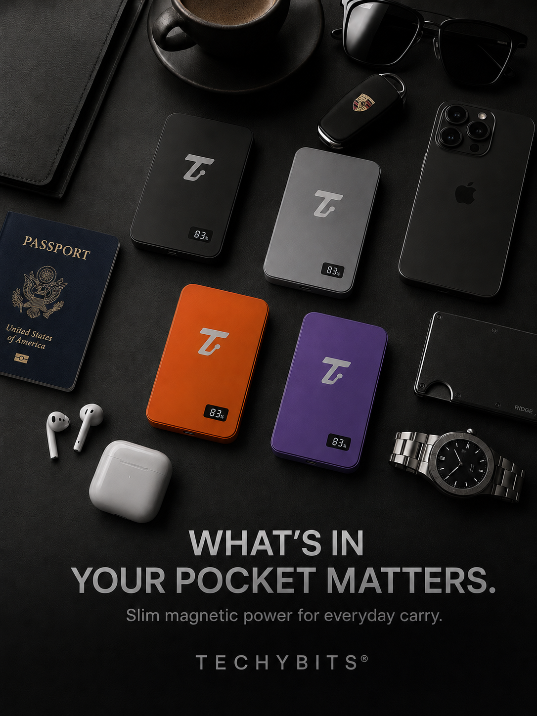 TechyBits Magnetic Powerbank beside an iPhone and Singapore passport
